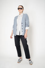 Peserico Wool Cashmere Relaxed Fit Knit V-Neck Cardigan with Faux Pocket in Dusty Blue