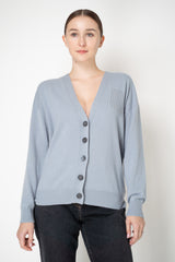 Peserico Wool Cashmere Relaxed Fit Knit V-Neck Cardigan with Faux Pocket in Dusty Blue