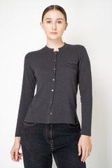 Rocco Ragni Wool Cashmere Knit Round Neck Cardigan with Filo Diamante Chest Pocket in Charcoal