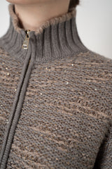 Fabiana Filippi Chine' Stitch Sequin High Neck Bomber Cardigan in Taupe