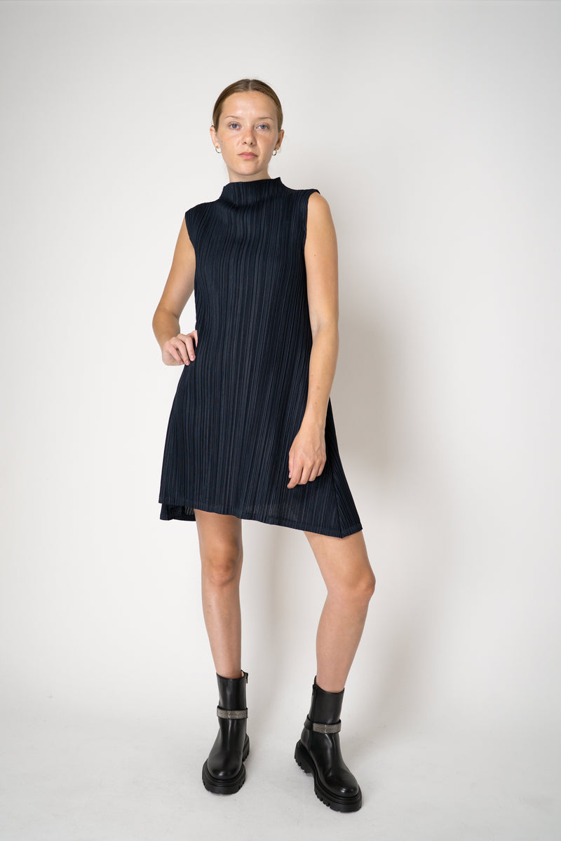 Pleats Please Issey Miyake Mellow Pleats Sleeveless Mockneck Tunic in Navy