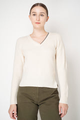 Rocco Ragni Wool Cashmere Ribbed Knit Filo Diamante V-Neck Pullover in Off-White