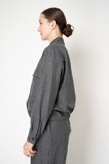 Fabiana Filippi Fuzzy Pinstripe Flannel Shirt Jacket With Filo Diamante Knot Pin in Grey