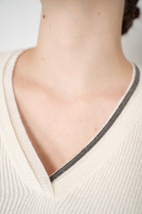Rocco Ragni Wool Cashmere Ribbed Knit Filo Diamante V-Neck Pullover in Off-White