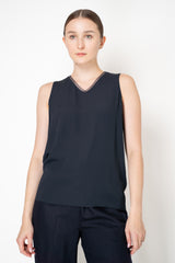 Fabiana Filippi Crepe De Chine Sleeveless Top With Tulle Trim in Navy