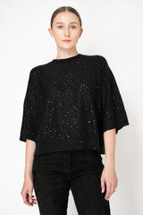 Fabiana Filippi Silk Wool Cropped Half Sleeve Sequin Pullover in Black