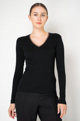 Fabiana Filippi Cotton Stretch V-Neck Long Sleeve T-Shirt With Tulle Trim in Black