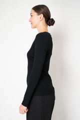 Fabiana Filippi Cotton Stretch V-Neck Long Sleeve T-Shirt With Tulle Trim in Black