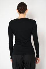 Fabiana Filippi Cotton Stretch V-Neck Long Sleeve T-Shirt With Tulle Trim in Black