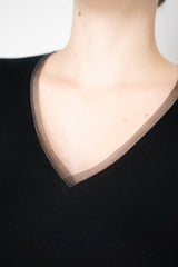 Fabiana Filippi Cotton Stretch V-Neck Long Sleeve T-Shirt With Tulle Trim in Black