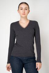 Fabiana Filippi Cotton Stretch V-Neck Long Sleeve T-Shirt With Tulle Trim in Grey