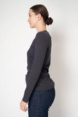 Fabiana Filippi Cotton Stretch V-Neck Long Sleeve T-Shirt With Tulle Trim in Grey