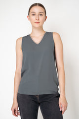 Fabiana Filippi Crepe De Chine Sleeveless Top With Tulle Trim in Grey Teal
