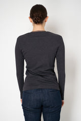 Fabiana Filippi Cotton Stretch V-Neck Long Sleeve T-Shirt With Tulle Trim in Grey