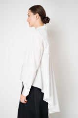Sara Roka Crash Taffeta Button-Up Blouse with Trail Hem in White
