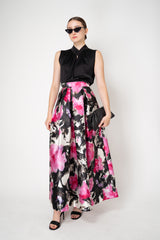 Lunatica Milano Satin Maxi Pleated Skirt in Abstract Paint Strokes in Fuchsia