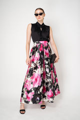 Lunatica Milano Satin Maxi Pleated Skirt in Abstract Paint Strokes in Fuchsia