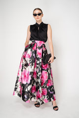 Lunatica Milano Satin Maxi Pleated Skirt in Abstract Paint Strokes in Fuchsia