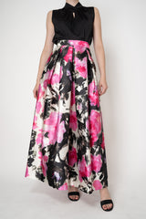 Lunatica Milano Satin Maxi Pleated Skirt in Abstract Paint Strokes in Fuchsia