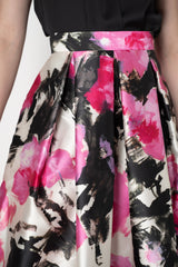 Lunatica Milano Satin Maxi Pleated Skirt in Abstract Paint Strokes in Fuchsia