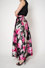 Lunatica Milano Satin Maxi Pleated Skirt in Abstract Paint Strokes in Fuchsia