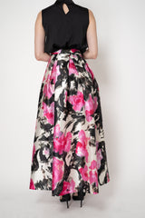 Lunatica Milano Satin Maxi Pleated Skirt in Abstract Paint Strokes in Fuchsia