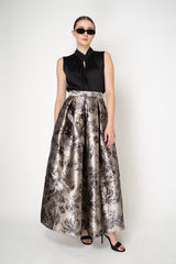 Lunatica Milano Satin Maxi Pleated Skirt in Parrot Botanical Print