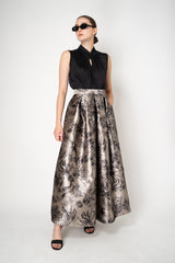Lunatica Milano Satin Maxi Pleated Skirt in Parrot Botanical Print