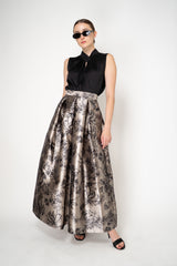 Lunatica Milano Satin Maxi Pleated Skirt in Parrot Botanical Print