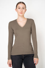 Fabiana Filippi Cotton Stretch V-Neck Long Sleeve T-Shirt With Tulle Trim in Khaki