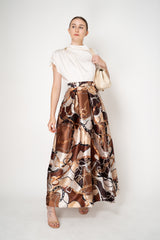 Lunatica Milano Satin Maxi Pleated Skirt in Regal Chain Print in Brown