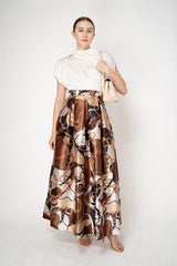 Lunatica Milano Satin Maxi Pleated Skirt in Regal Chain Print in Brown