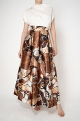Lunatica Milano Satin Maxi Pleated Skirt in Regal Chain Print in Brown