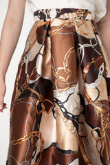 Lunatica Milano Satin Maxi Pleated Skirt in Regal Chain Print in Brown
