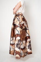 Lunatica Milano Satin Maxi Pleated Skirt in Regal Chain Print in Brown