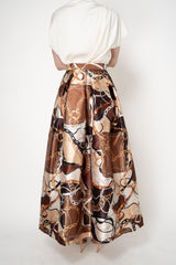 Lunatica Milano Satin Maxi Pleated Skirt in Regal Chain Print in Brown