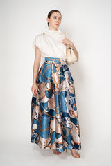 Lunatica Milano Satin Maxi Pleated Skirt in Regal Chain Print in Blue and Gold