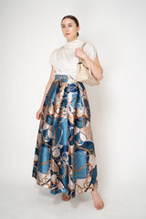 Lunatica Milano Satin Maxi Pleated Skirt in Regal Chain Print in Blue and Gold