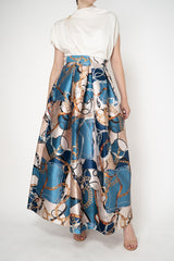 Lunatica Milano Satin Maxi Pleated Skirt in Regal Chain Print in Blue and Gold