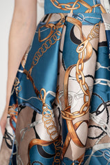 Lunatica Milano Satin Maxi Pleated Skirt in Regal Chain Print in Blue and Gold