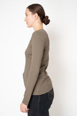 Fabiana Filippi Cotton Stretch V-Neck Long Sleeve T-Shirt With Tulle Trim in Khaki