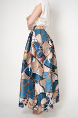 Lunatica Milano Satin Maxi Pleated Skirt in Regal Chain Print in Blue and Gold