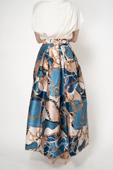 Lunatica Milano Satin Maxi Pleated Skirt in Regal Chain Print in Blue and Gold
