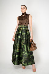 Lunatica Milano Satin Maxi Pleated Skirt in Dark Green Jungle Print