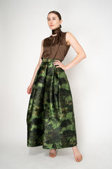 Lunatica Milano Satin Maxi Pleated Skirt in Dark Green Jungle Print