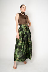 Lunatica Milano Satin Maxi Pleated Skirt in Dark Green Jungle Print