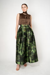 Lunatica Milano Satin Maxi Pleated Skirt in Dark Green Jungle Print