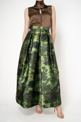 Lunatica Milano Satin Maxi Pleated Skirt in Dark Green Jungle Print
