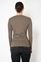 Fabiana Filippi Cotton Stretch V-Neck Long Sleeve T-Shirt With Tulle Trim in Khaki