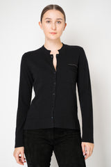 Rocco Ragni Wool Cashmere Knit Round Neck Cardigan with Filo Diamante Chest Pocket in Black